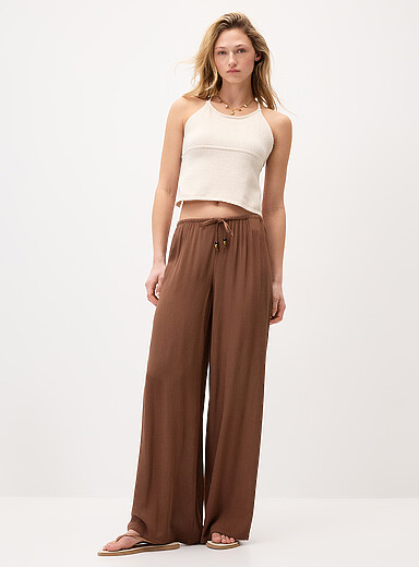Crinkled elastic-waist wide-leg pant