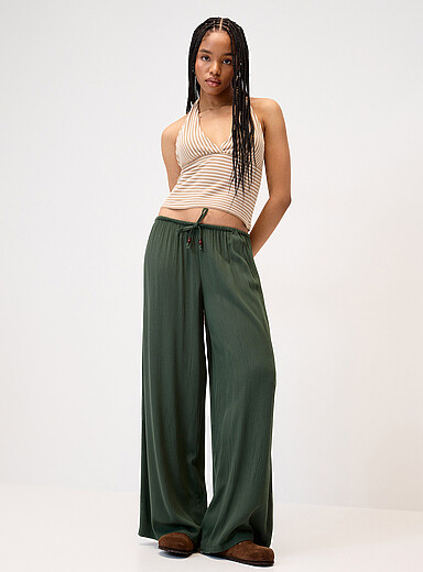 Crinkled elastic-waist wide-leg pant
