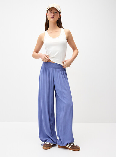 Smocked-waist crinkled-finish pant