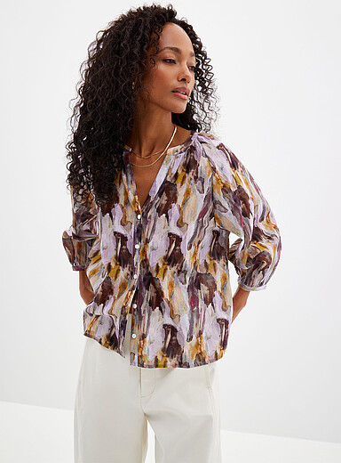 Printed puff-sleeve voile blouse