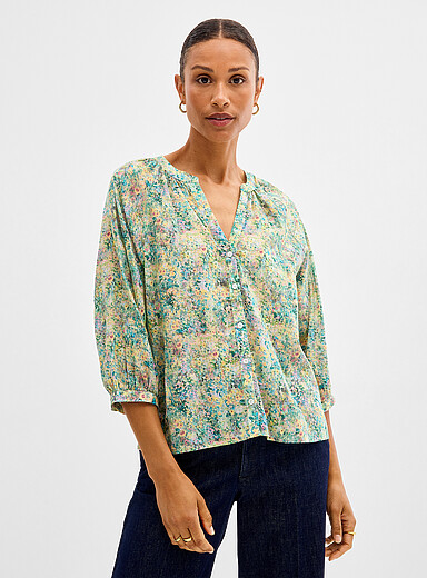 La blouse voile imprim&eacute; &agrave; manches bouffantes