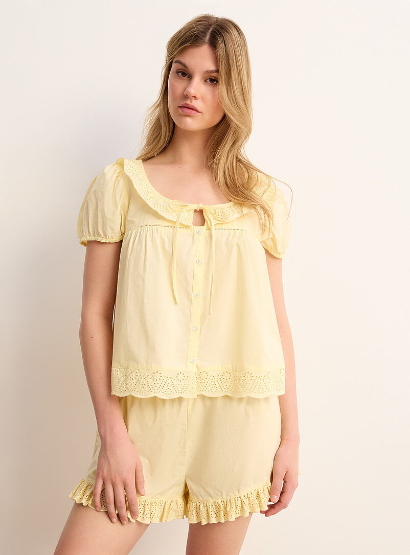 Miiyu: La blouse popeline bords broderie anglaise Jaune ma&iuml;s - Vanille pour femme