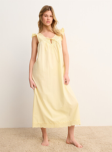 Miiyu: La longue robe de nuit popeline broderie anglaise Jaune ma&iuml;s - Vanille pour femme
