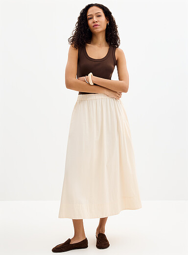 Contemporaine Ivory/Cream Beige Elastic waist poplin skirt for women