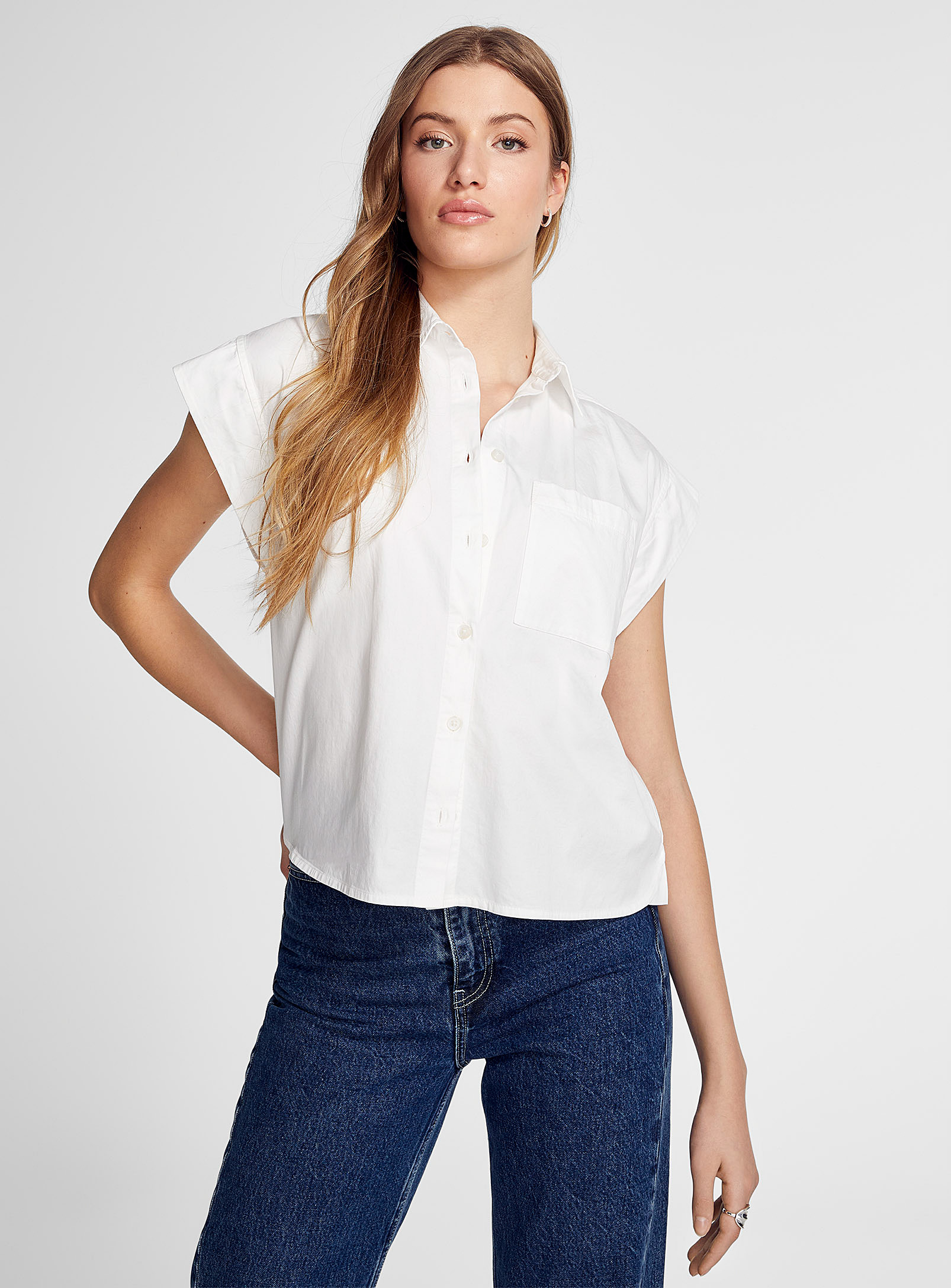 Icone Cap-sleeve Boxy-fit Poplin Blouse In White