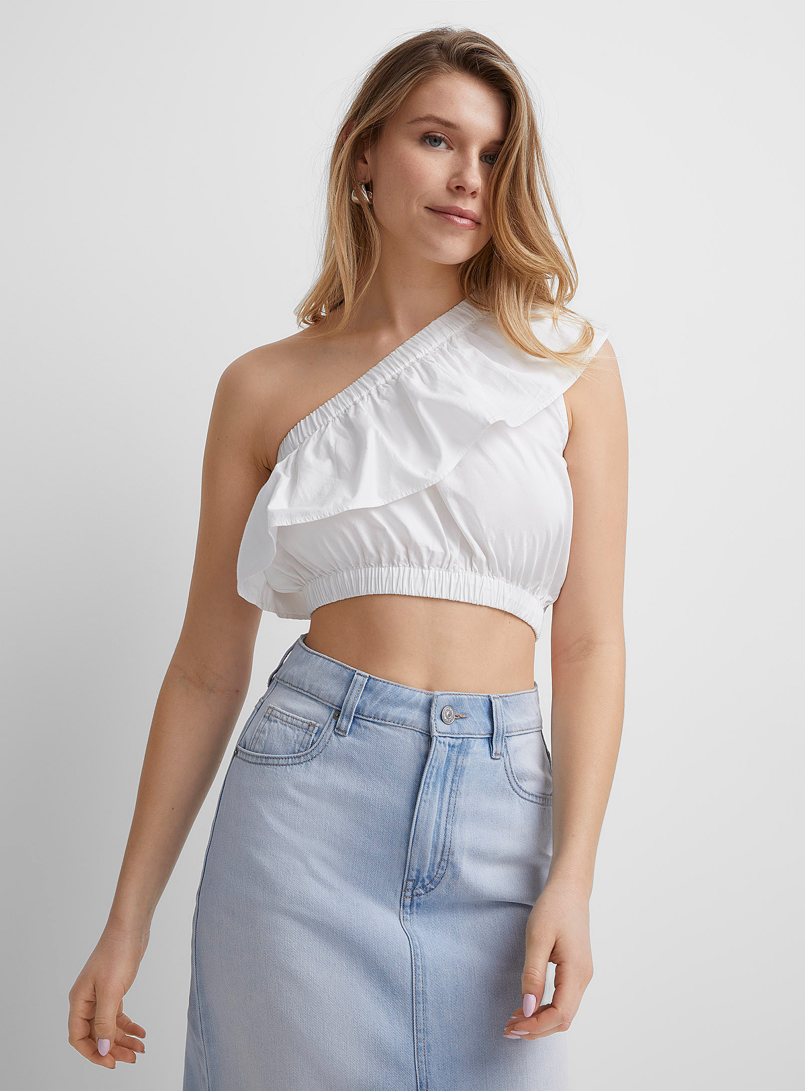 Icone Single-shoulder Cropped Blouse In White
