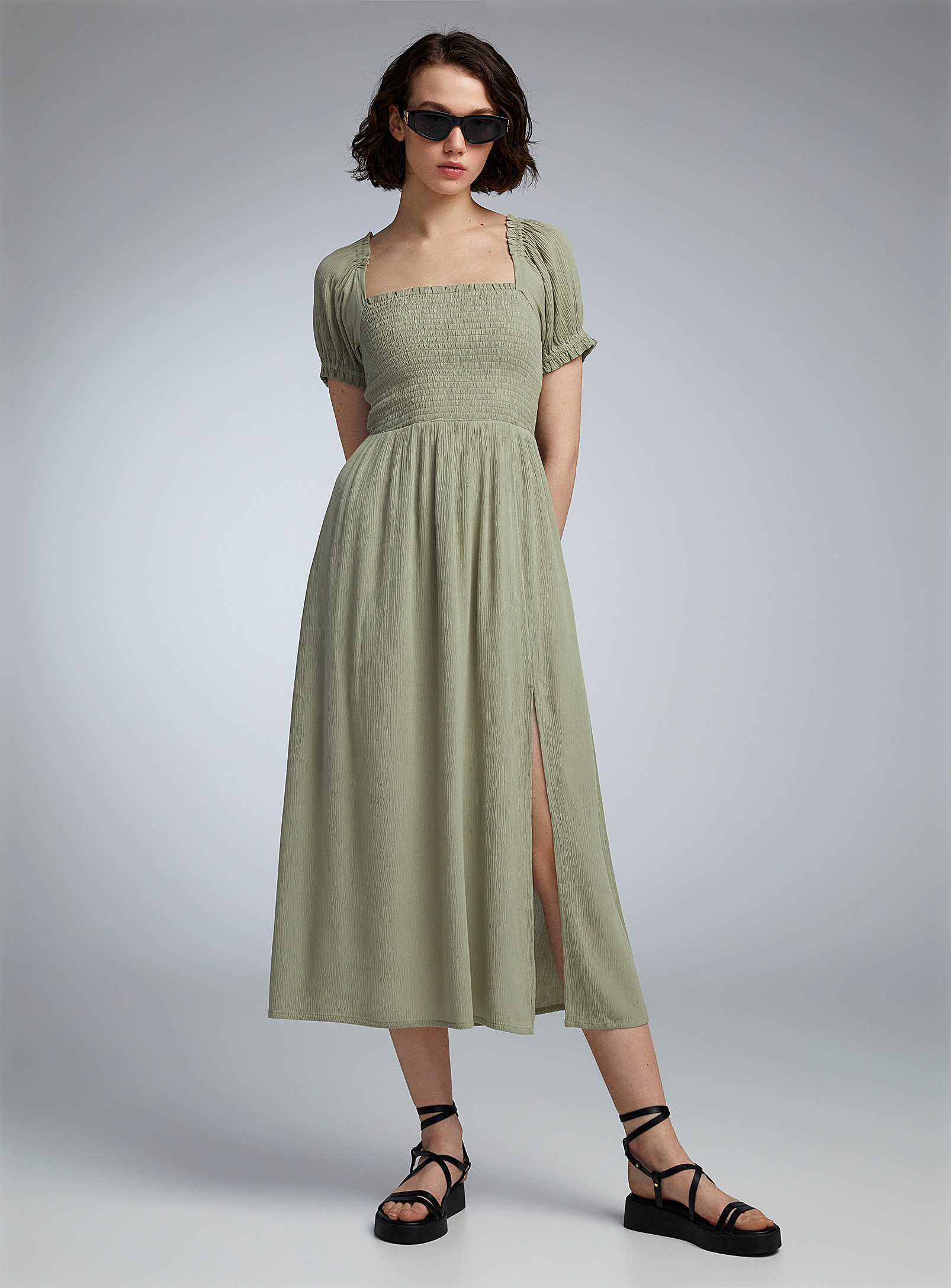 Twik Puff-sleeve Smocked Bustier Dress In Khaki/sage/olive