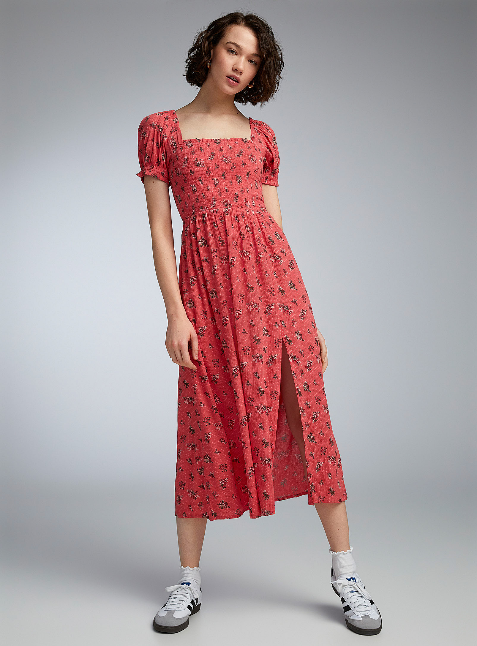 Twik Puff-sleeve Smocked Bustier Dress In Patterned Red