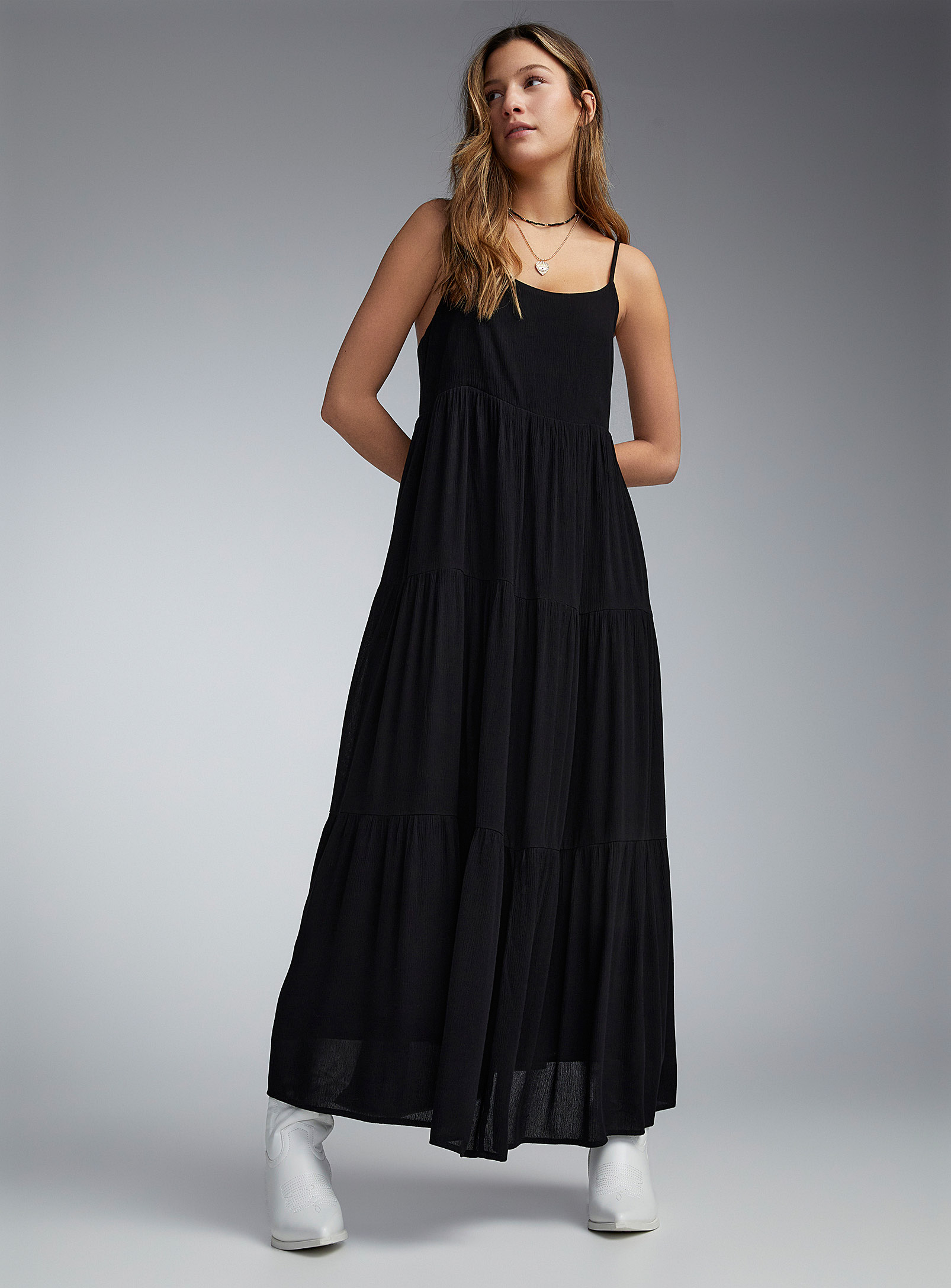 Twik Wrinkled Maxi Peasant Dress In Black