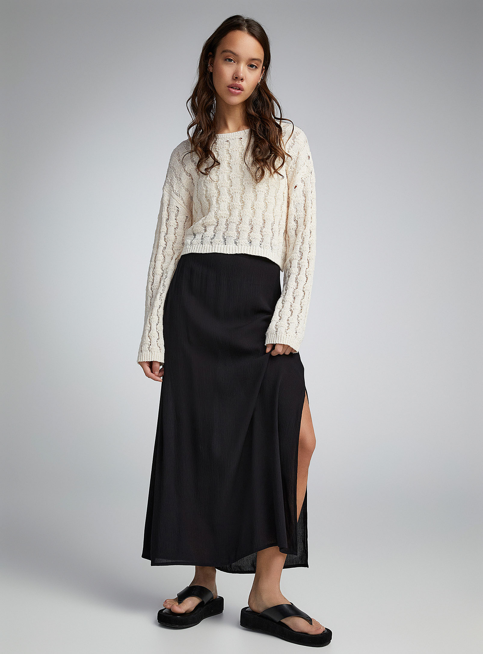Twik Textured Crepe Long Slit Skirt In Black