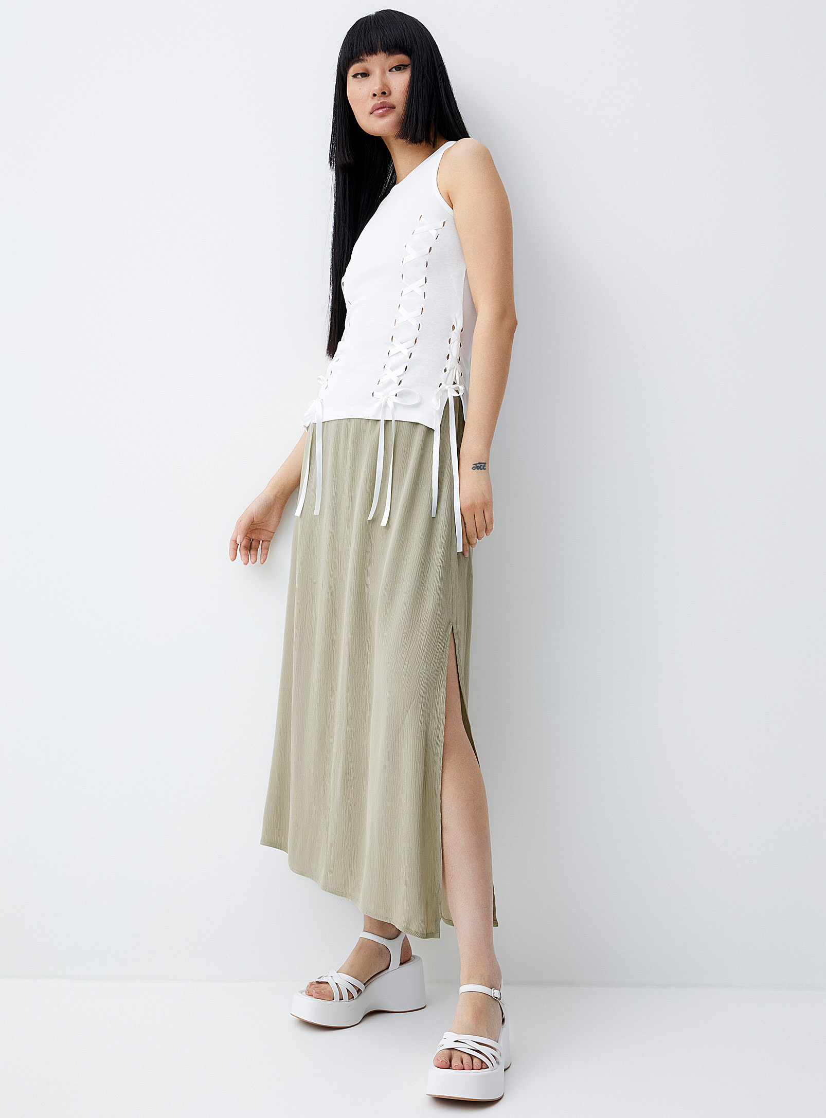 Twik Textured Crepe Long Slit Skirt In Khaki/sage/olive
