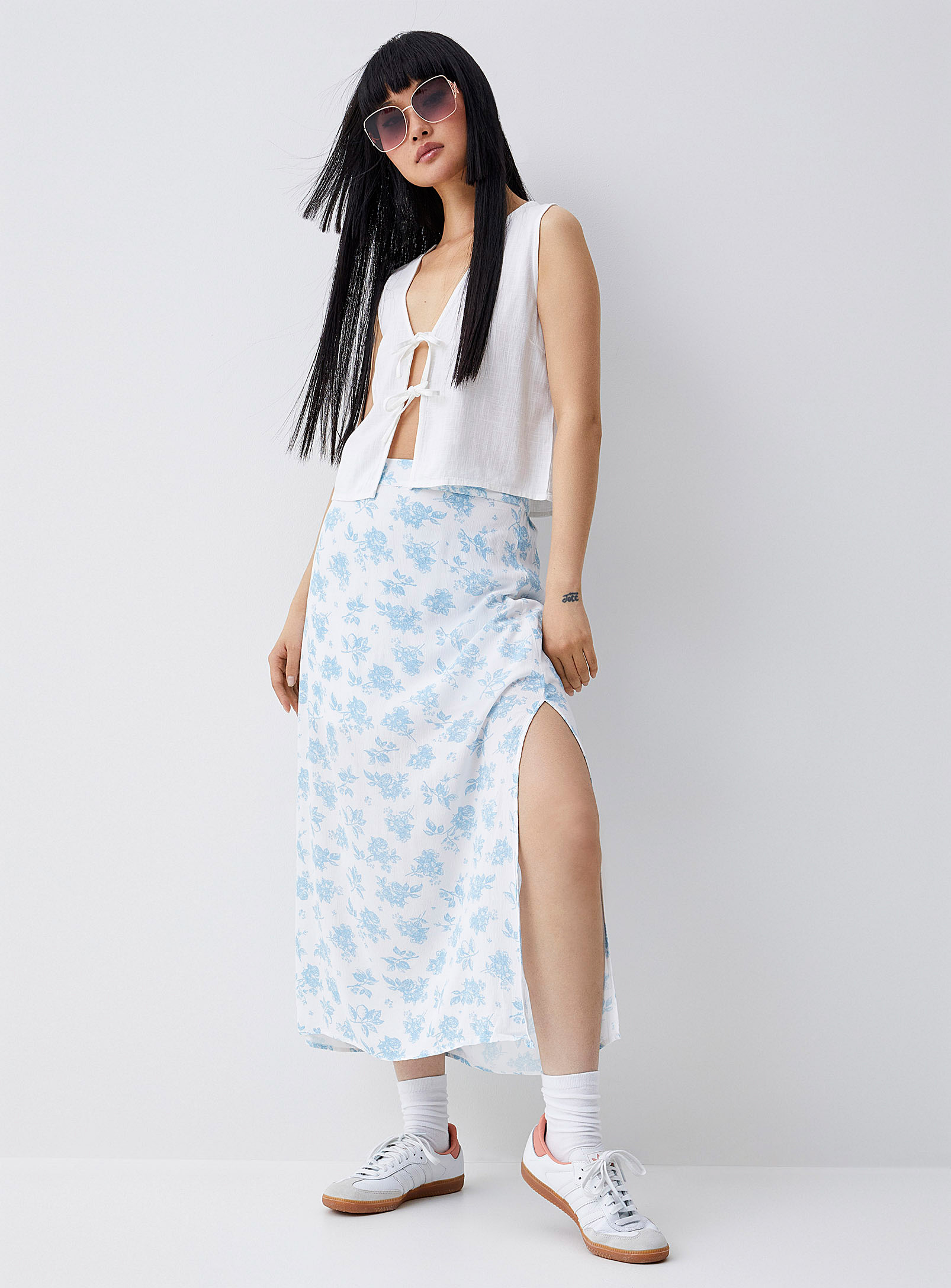 Twik Textured Crepe Long Slit Skirt In Slate Blue