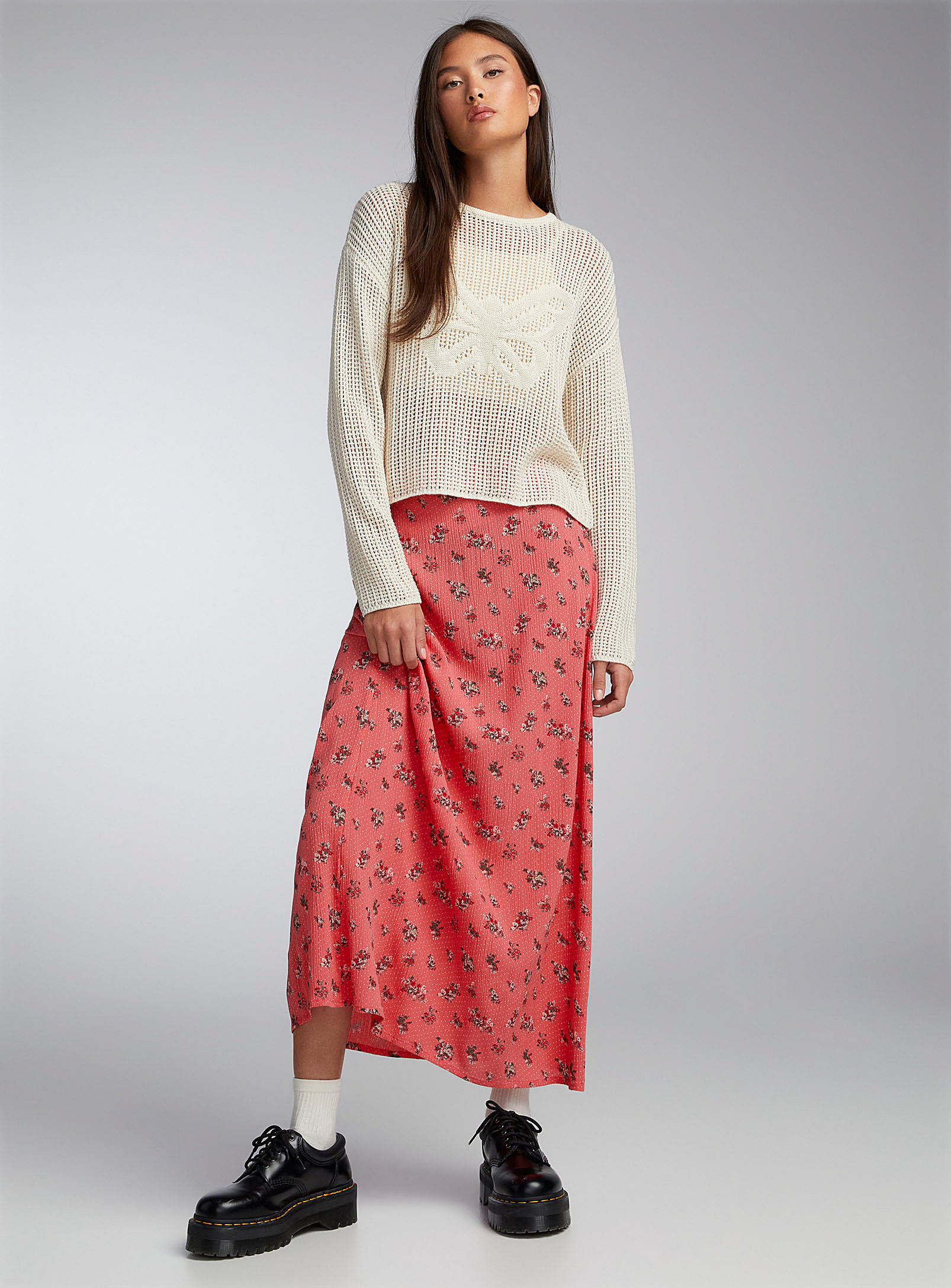 Twik Textured Crepe Long Slit Skirt In Patterned Red
