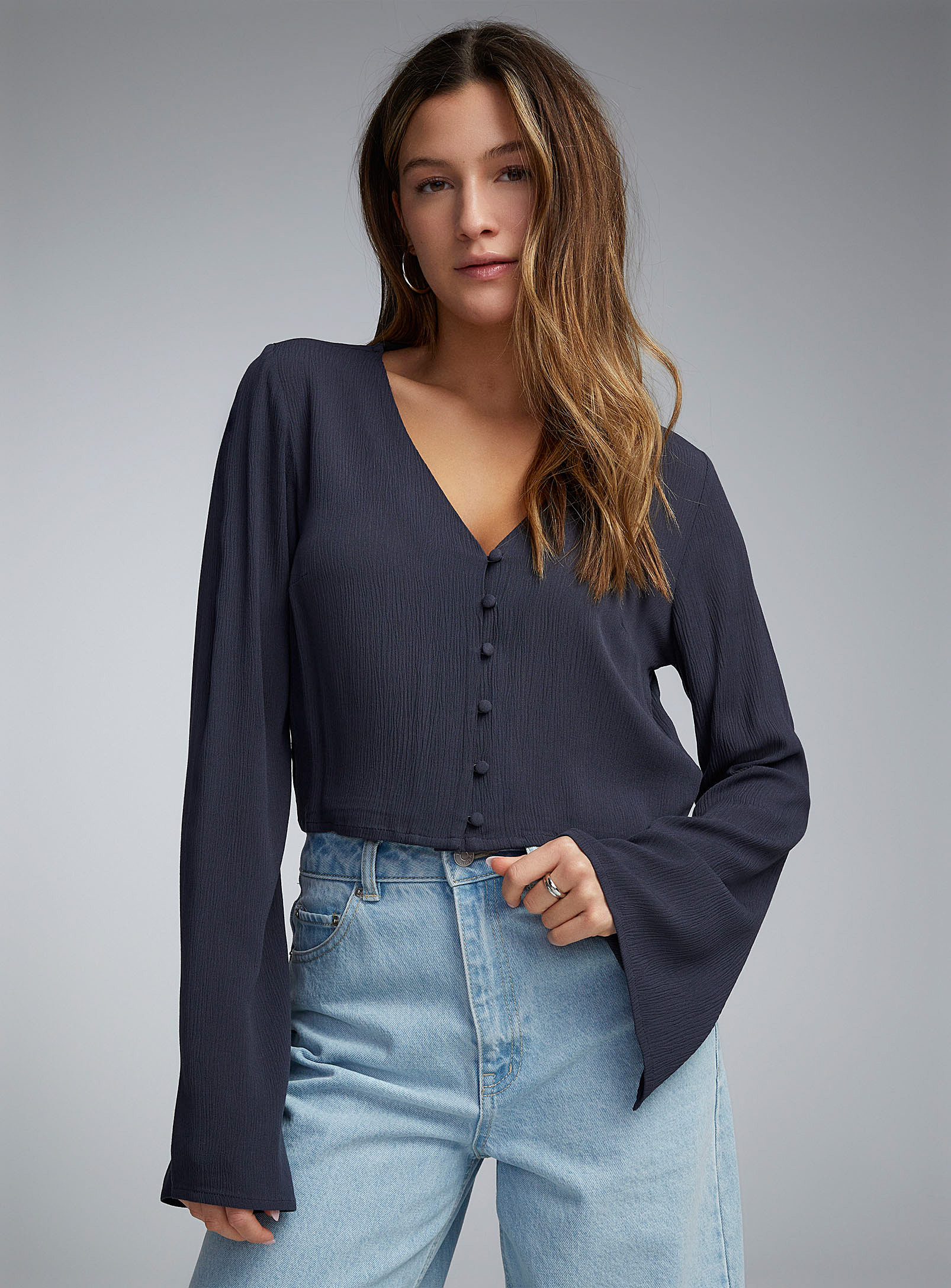 Twik Crinkled Bell-sleeve Blouse In Navy/midnight Blue