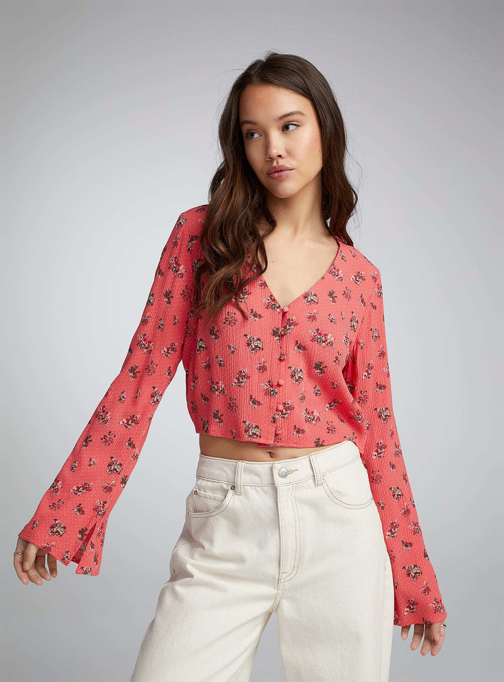 Twik Crinkled Bell-sleeve Blouse In Patterned Red