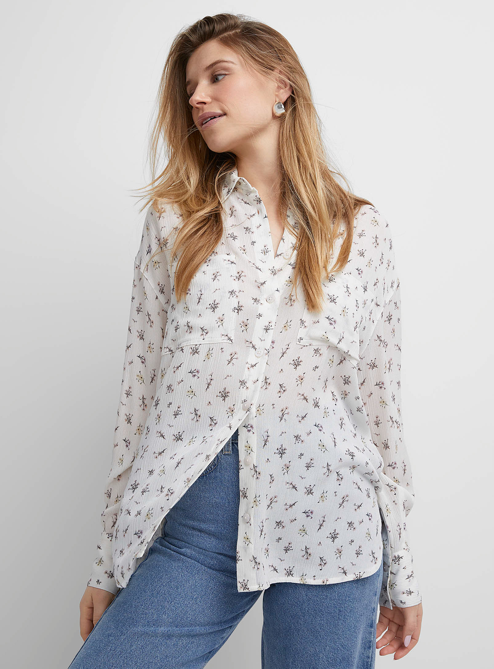 Icone Wrinkled Texture Printed Loose Shirt In Patterned White