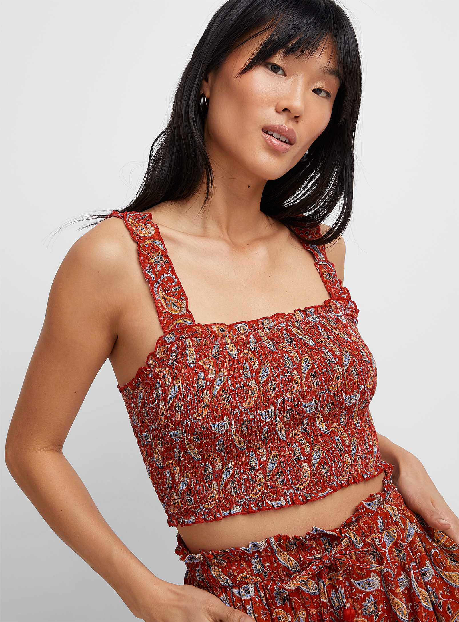 Icone Smocked Cropped Cami In Patterned Red