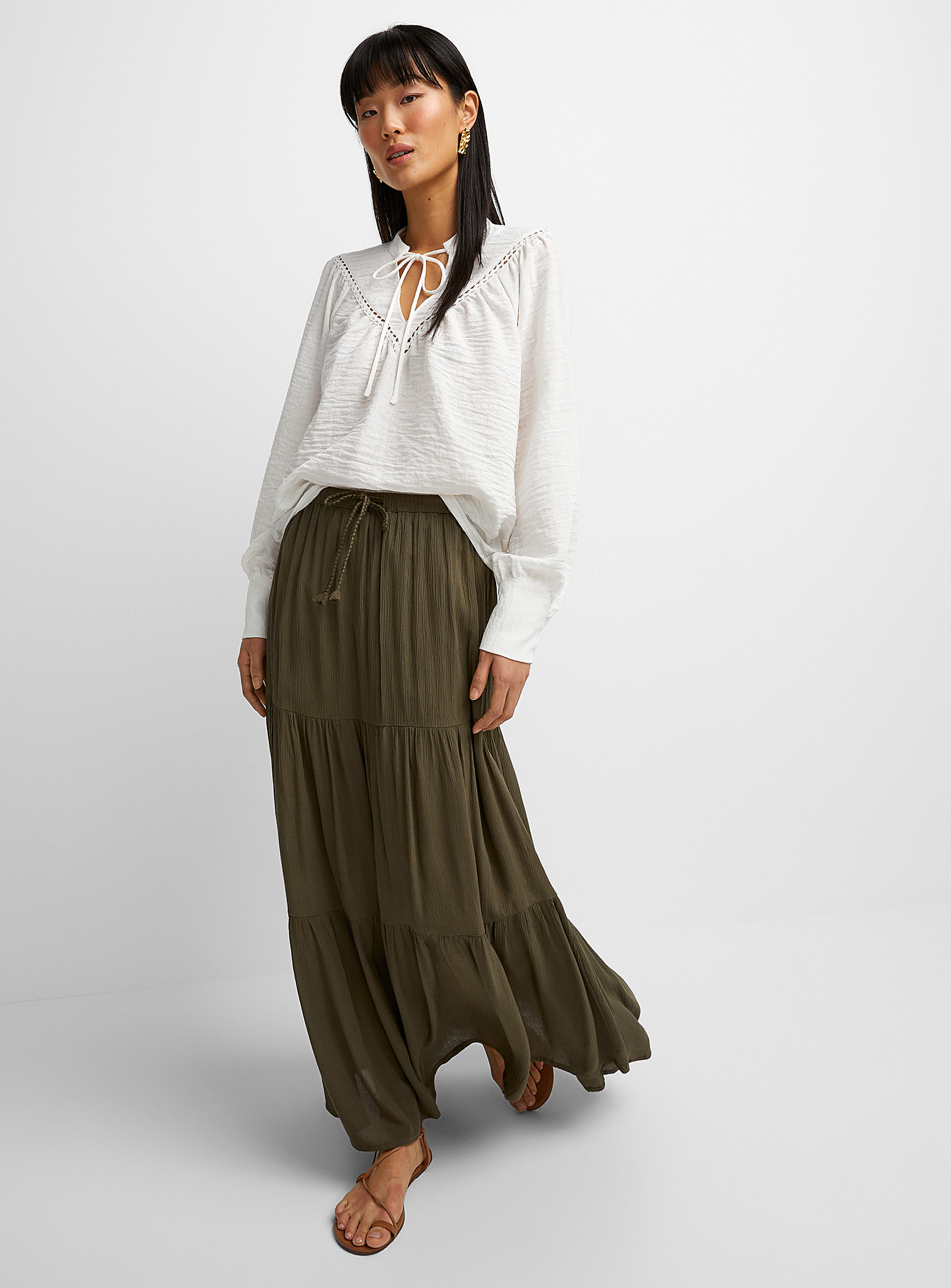 Icone Crinkled Tiered Maxi Skirt In Mossy Green