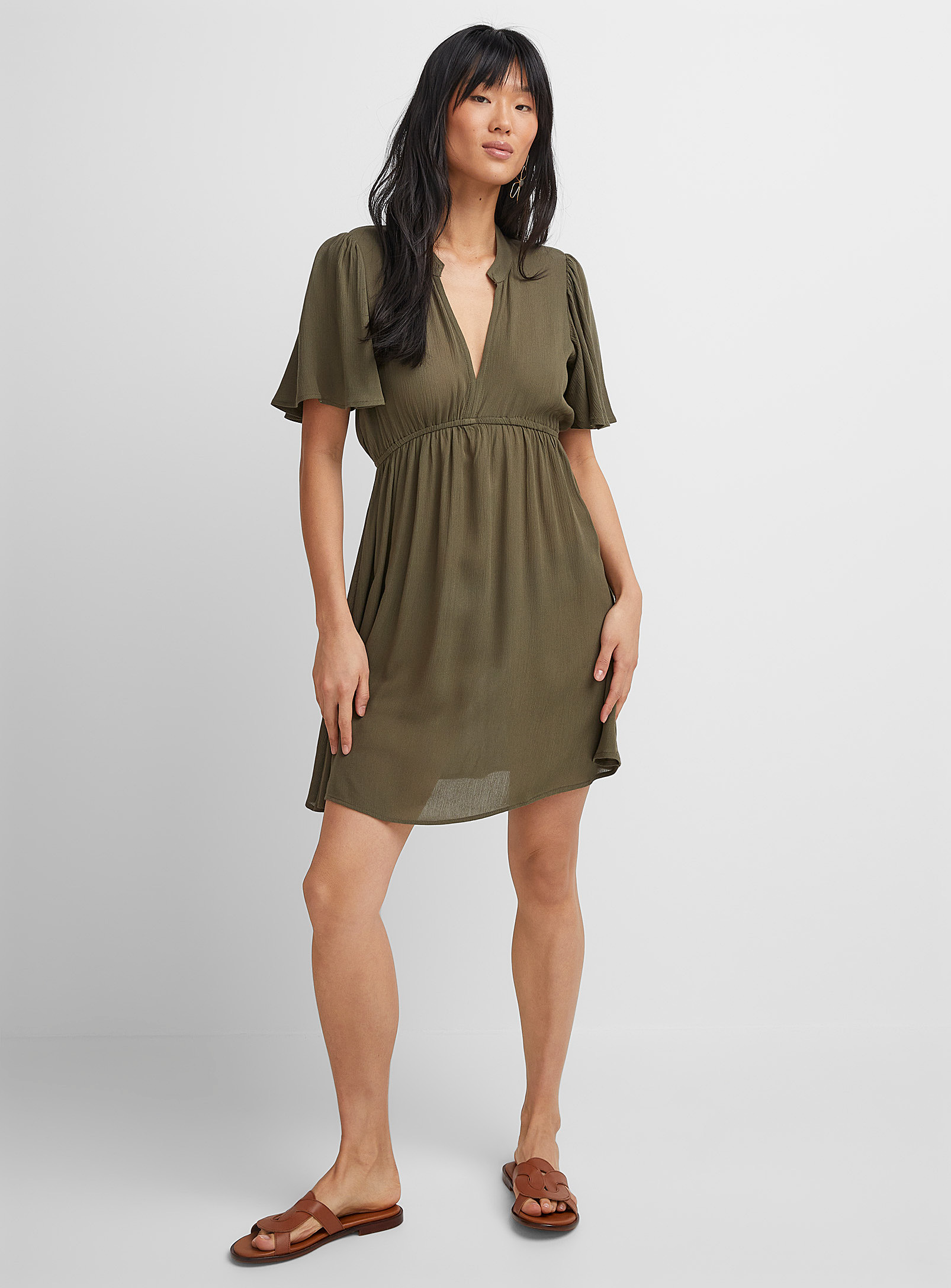 Icone Wrinkled Texture Flared Mini-dress In Mossy Green