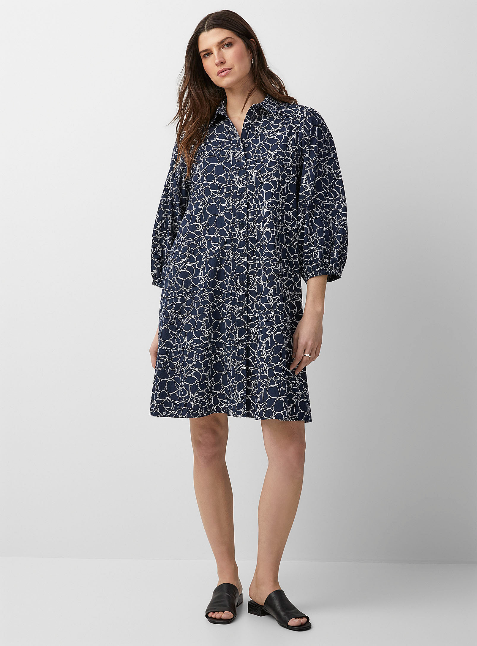 Contemporaine Floral Sketch Shirtdress In Patterned Black