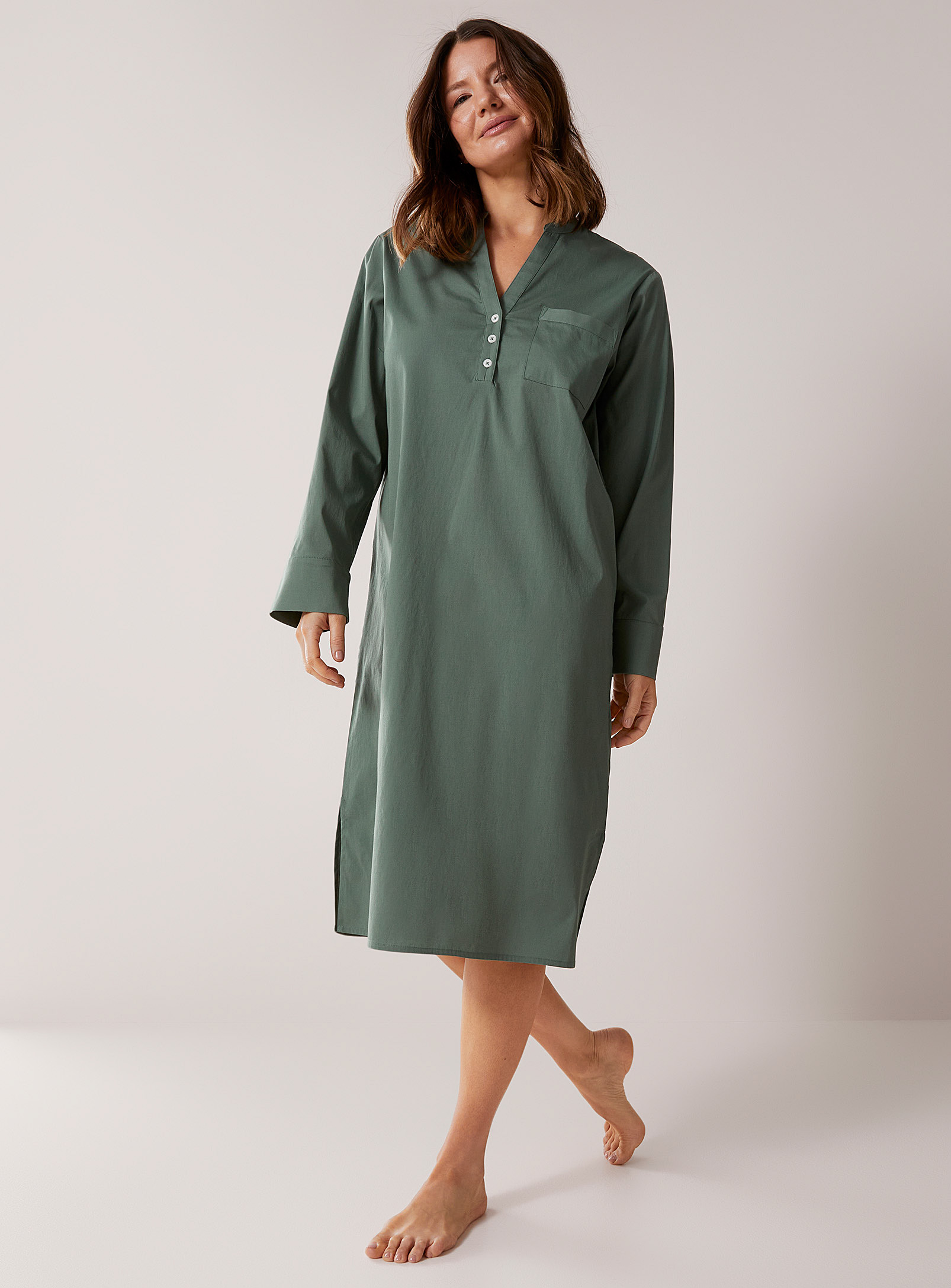 Miiyu Long Organic Cotton Poplin Nightgown In Mossy Green
