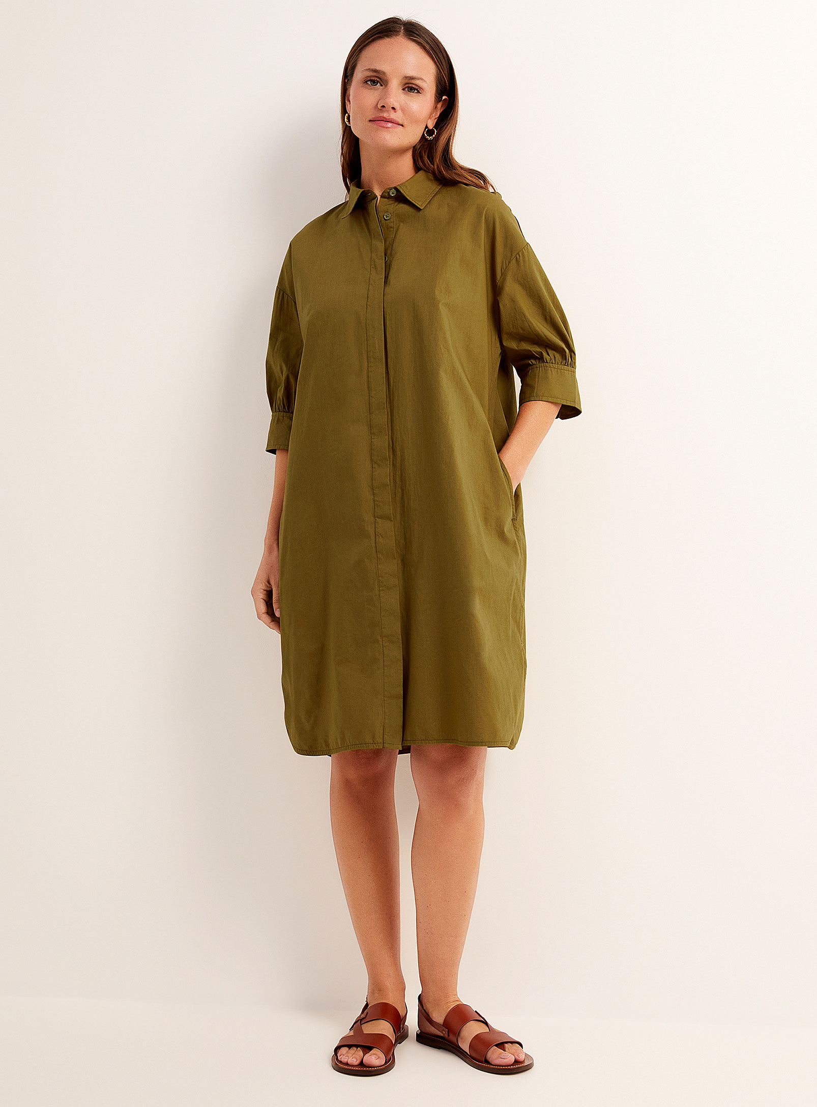 Contemporaine Puff-sleeve Shirtdress In Mossy Green