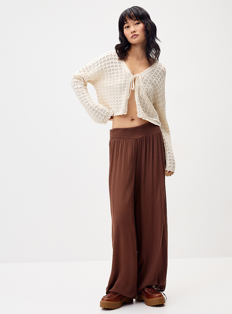 Smocked-Waist Crinkled-Finish Pant
