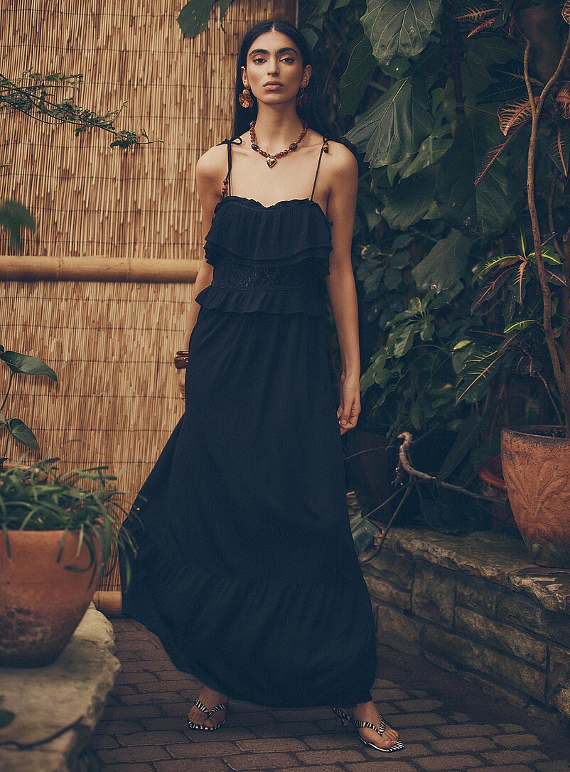 Crinkled-Texture Tie-Strap Ruffled Maxi Dress