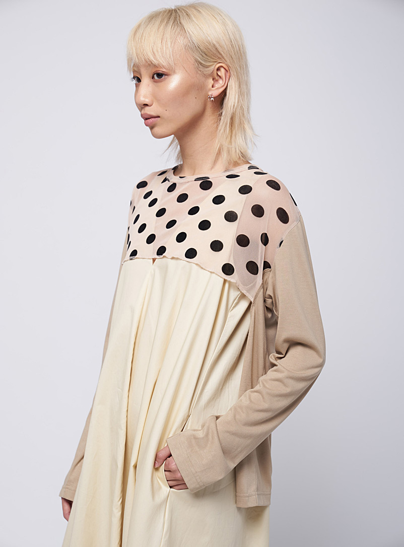 VSP Consignment Cream Beige Polka dotted mesh-panel T-shirt Comme des Garçons for women