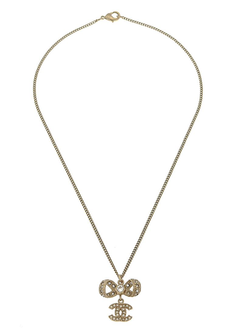 Edito Vintage Golden Yellow CC Logo rhinestone ribbon pendant necklace Chanel for women