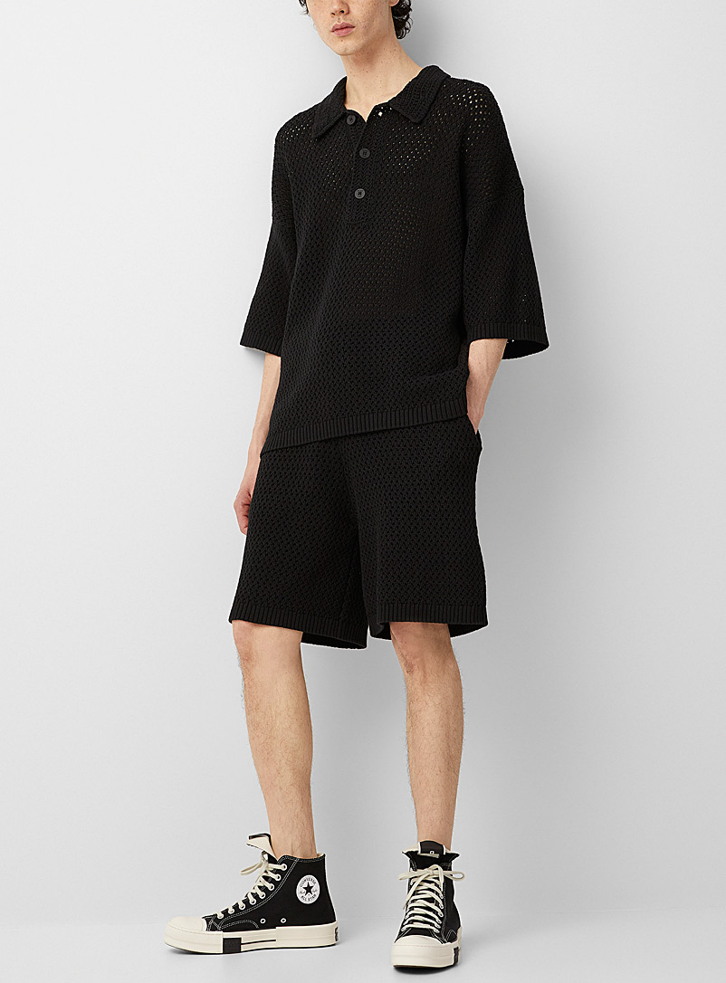 Helmut Lang Black Pointelle openwork knit bermuda shorts for men