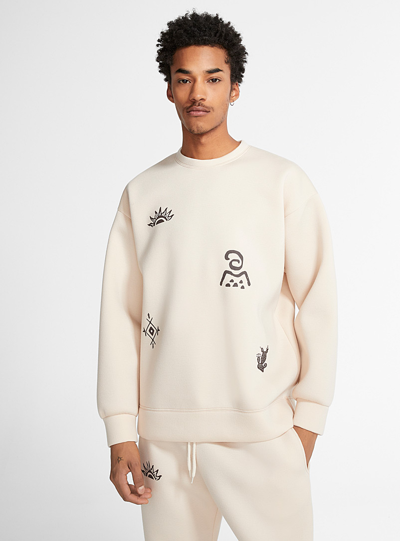 Le 31 Cream Beige Modern art neoprene sweatshirt for men