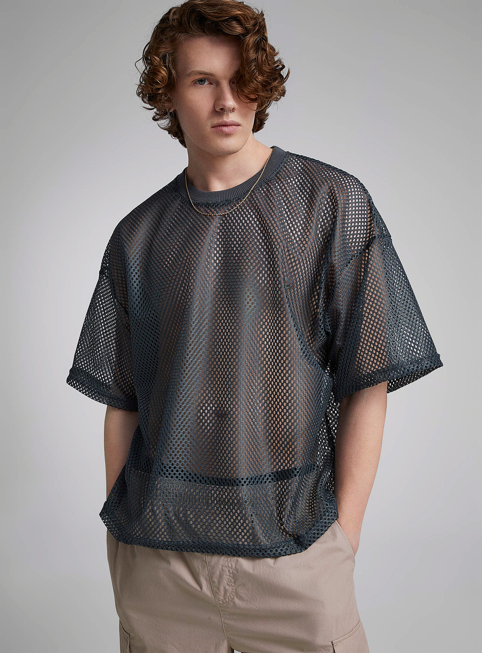 Djab Boxy Openwork Mesh T-shirt In Patterned Green