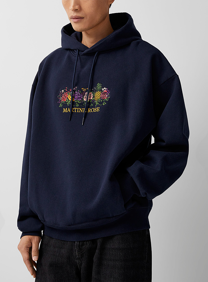 Martine Rose Marine Blue Embroidered flowers and fruits hooded sweatshirt for men