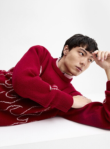 IDEASWAM OUROBOROS KNIT SWEATER RED レッド Flame jacquard loose sweater | Djab | Shop Men's Crew Neck