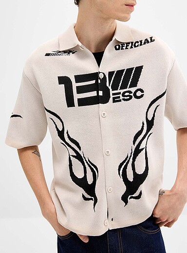 Racing jacquard shirt-collar cardigan