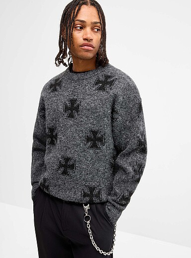 Biker cross fuzzy jacquard sweater