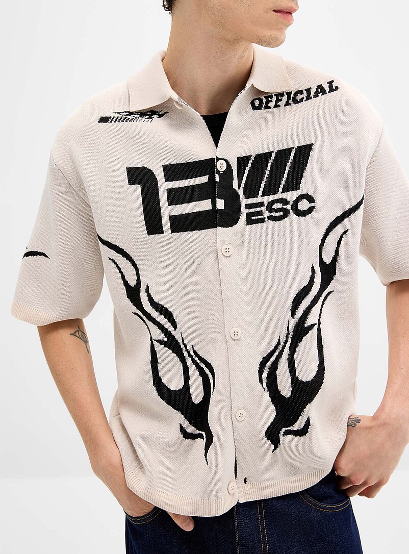 Racing jacquard shirt-collar cardigan product image (primary)