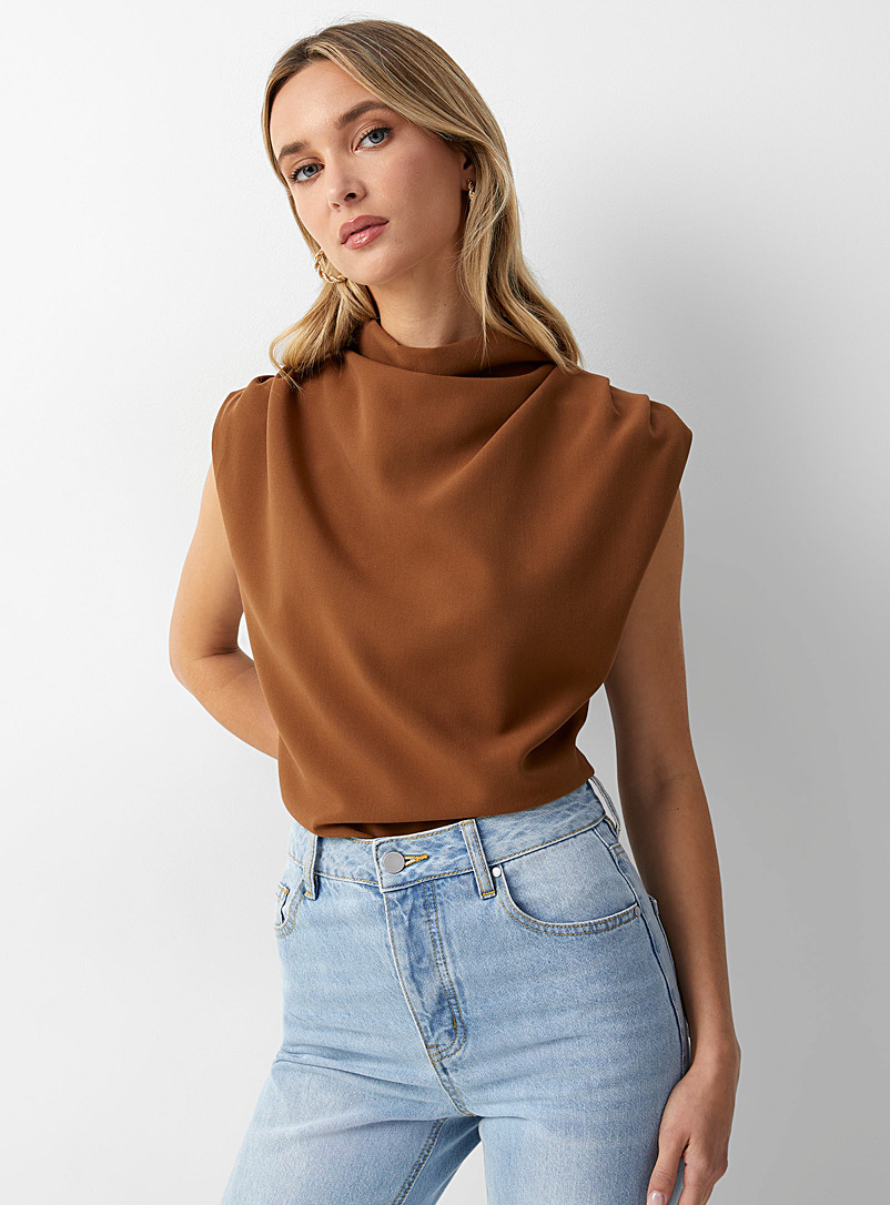 Icône Brown Mock-neck draped blouse for women