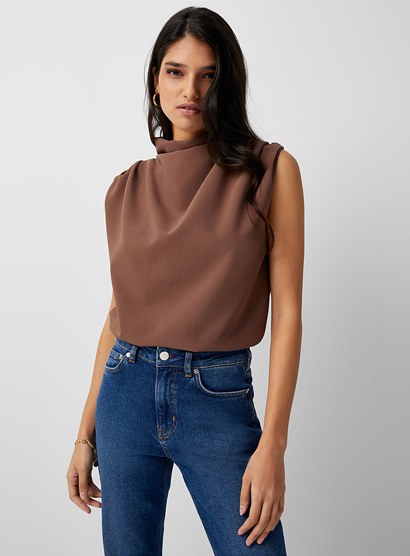 Icône Medium Brown Mock-neck draped blouse for women