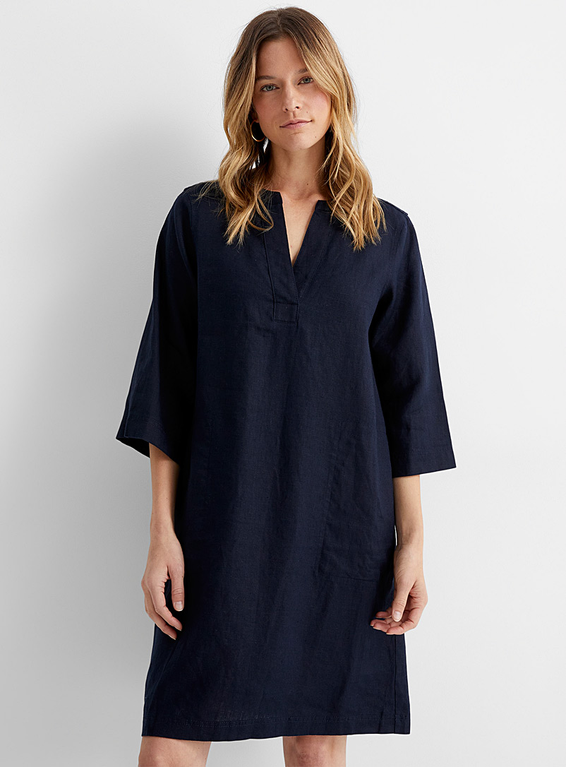 Contemporaine Dark Blue Pure linen slit-collar dress for women