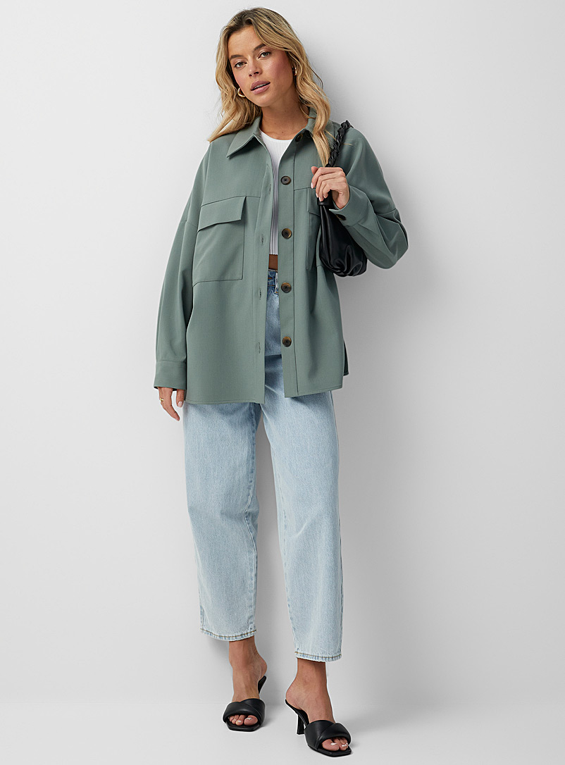 Icône Mossy Green Patch pockets crepe overshirt for women