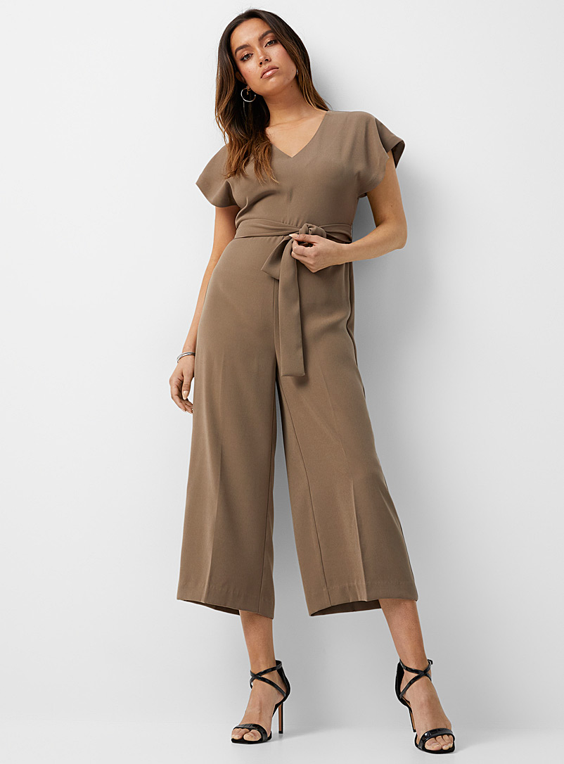 Icône Light Brown Belted cap-sleeve jumpsuit for women