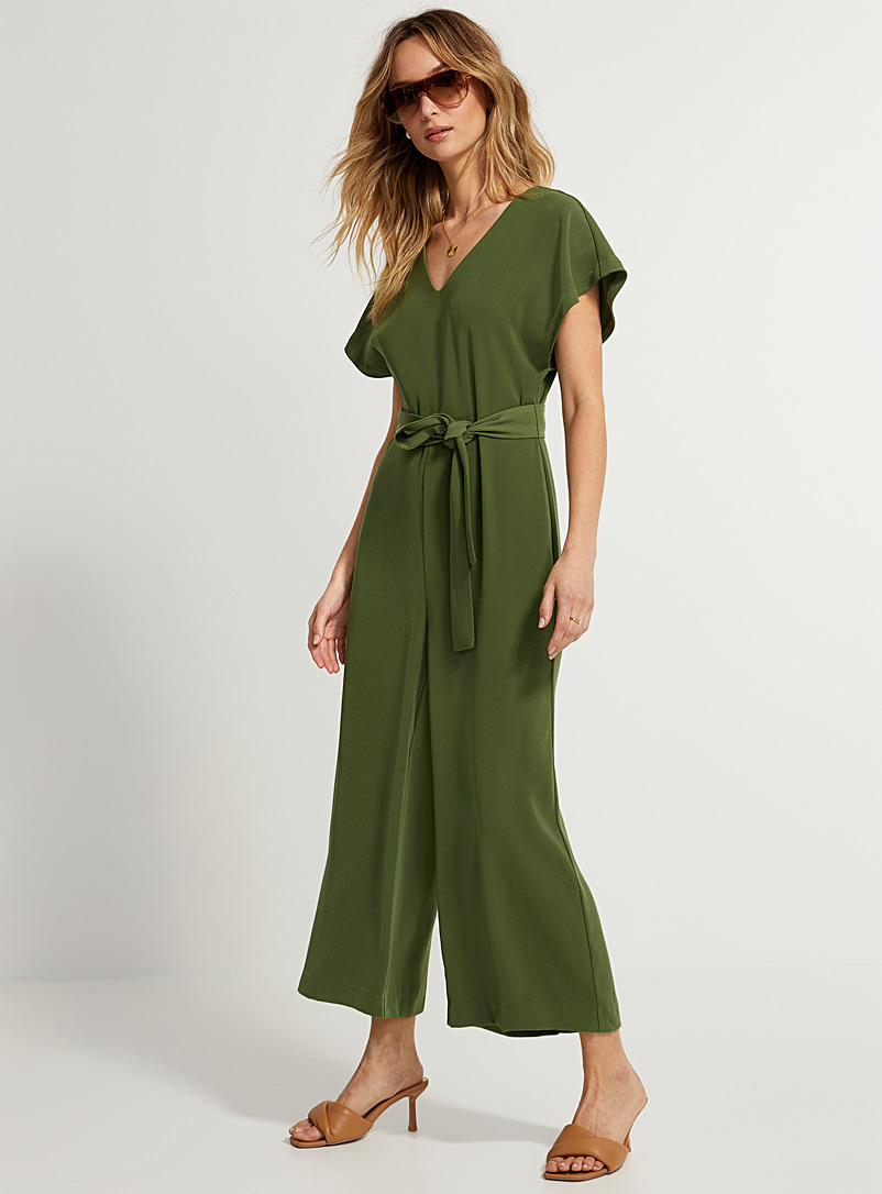 Icône Mossy Green Belted cap-sleeve jumpsuit for women