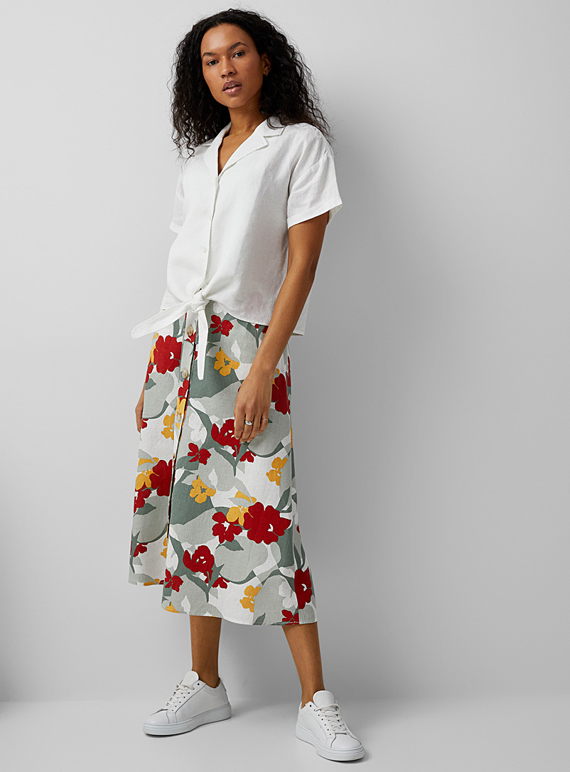 Contemporaine: La jupe boutonnée pur lin Blanc à motifs pour femme