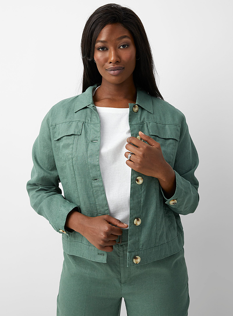Contemporaine: La veste boutonnée pur lin Vert bouteille pour femme