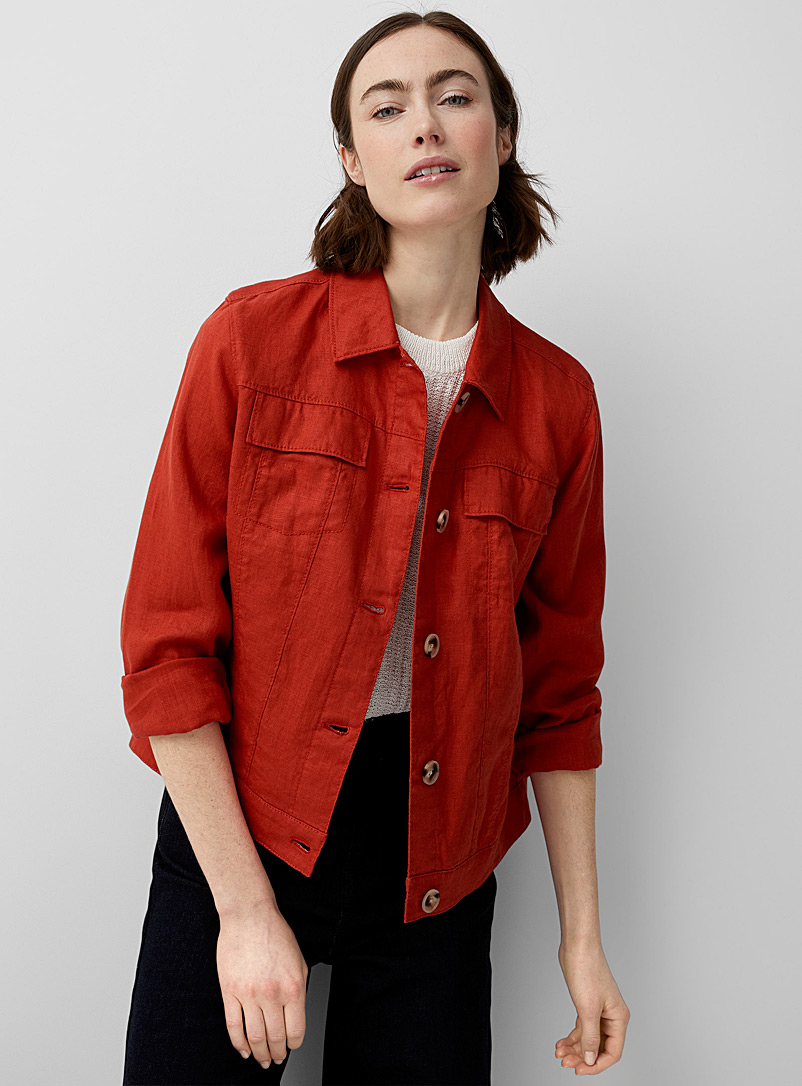 Contemporaine: La veste boutonnée pur lin Rouge pour femme