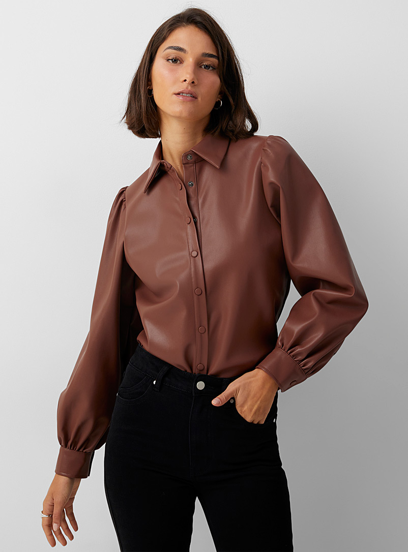 Icône Brown Puff-sleeve faux-leather shirt for women