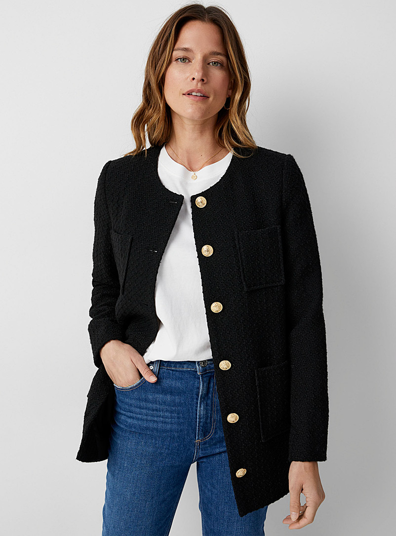 Contemporaine Black Crest button tweed blazer for women
