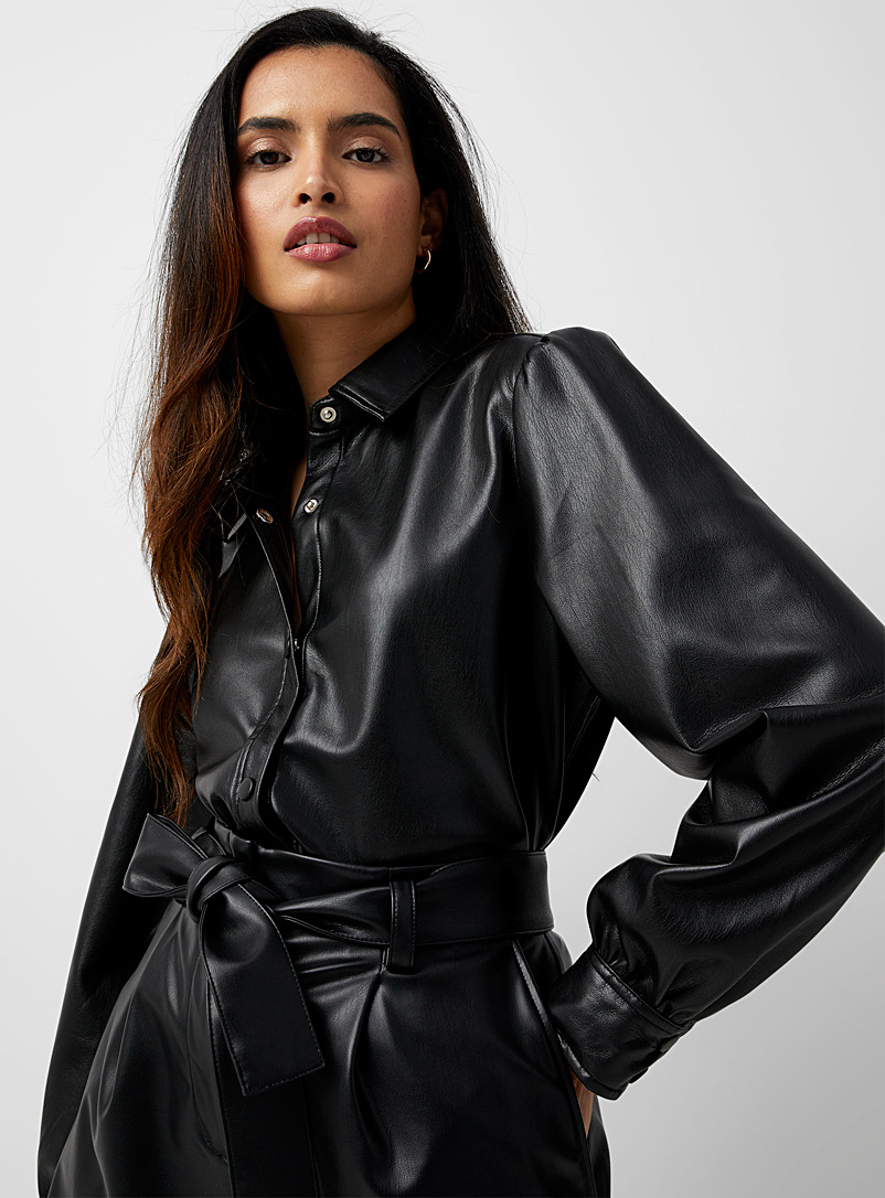 Contemporaine Black Puff-sleeve faux-leather shirt for women